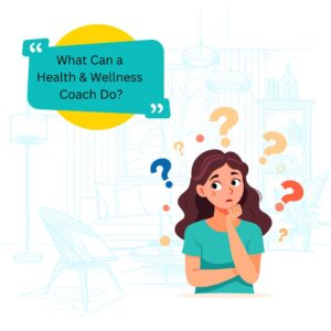  Illustration of a person with question marks surrounding their head, looking confused or curious. A thought bubble reads, “What can a health coach do?”