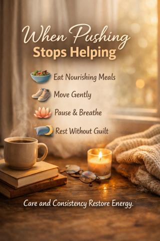 Cozy self-care graphic reading “When Pushing Stops Helping” with tips: Eat nourishing meals, Move gently, Pause & breathe, Rest without guilt.