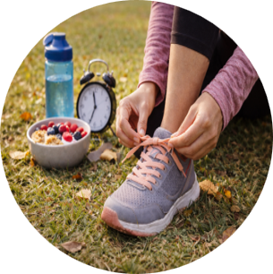 Person tying running shoes with healthy food and water, representing lifestyle changes in a diabetes prevention coaching program