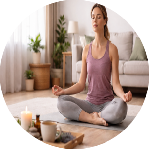Person practicing mindfulness and relaxation at home, representing stress management and mindset support in a diabetes prevention coaching program