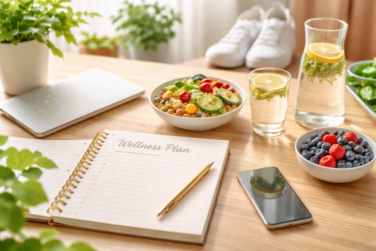 Wellness planning scene with healthy meal, water, notebook, and fitness items representing structured health and lifestyle programs.