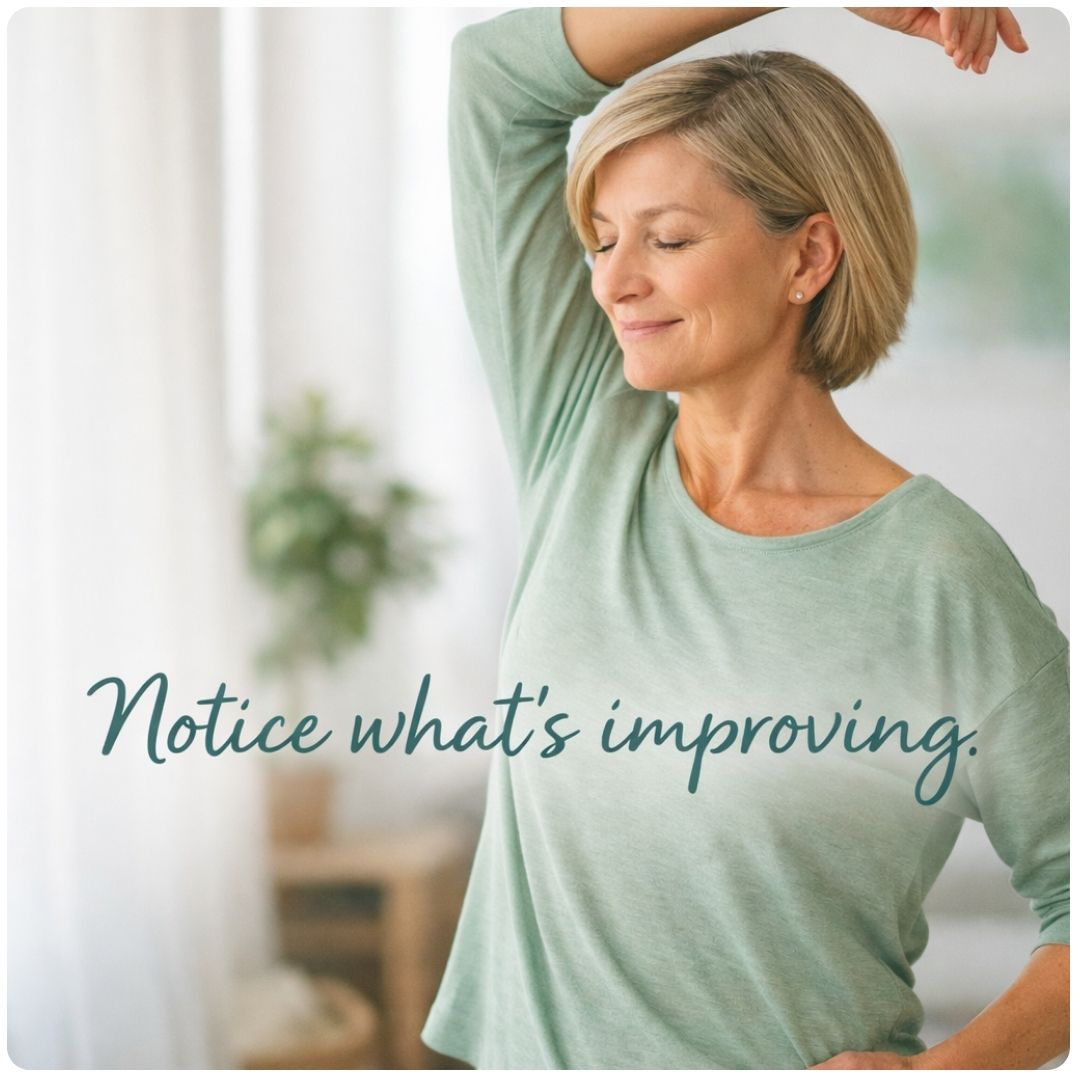 Cozy self-care graphic reading “When Pushing Stops Helping” with tips: Eat nourishing meals, Move gently, Pause & breathe, Rest without guilt.