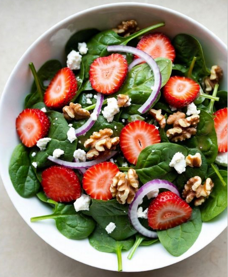A white bowl filled with fresh spinach leaves, sliced strawberries, red onion rings, crumbled feta cheese, and walnut pieces arranged as a colorful healthy salad.
