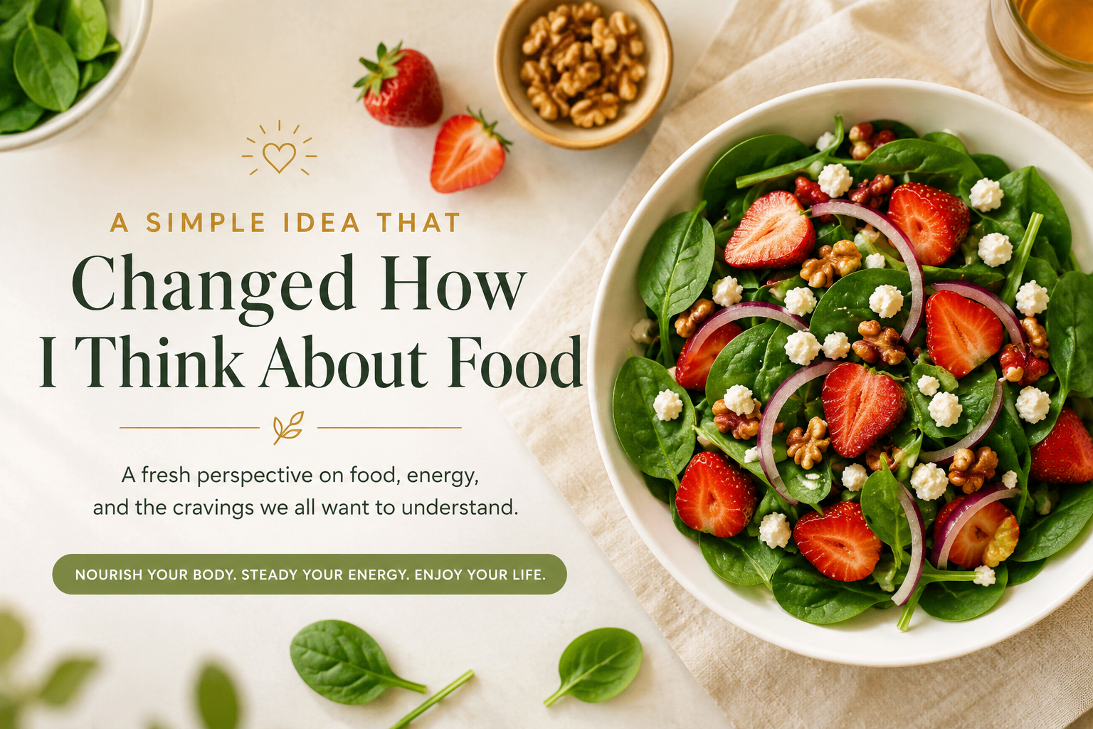 A bright hero banner showing a bowl of spinach salad topped with sliced strawberries, walnuts, feta cheese, and red onion. Beside the salad is the headline “A Simple Idea That Changed How I Think About Food” with supporting text about food, energy, cravings, and nourishing the body through balanced eating.